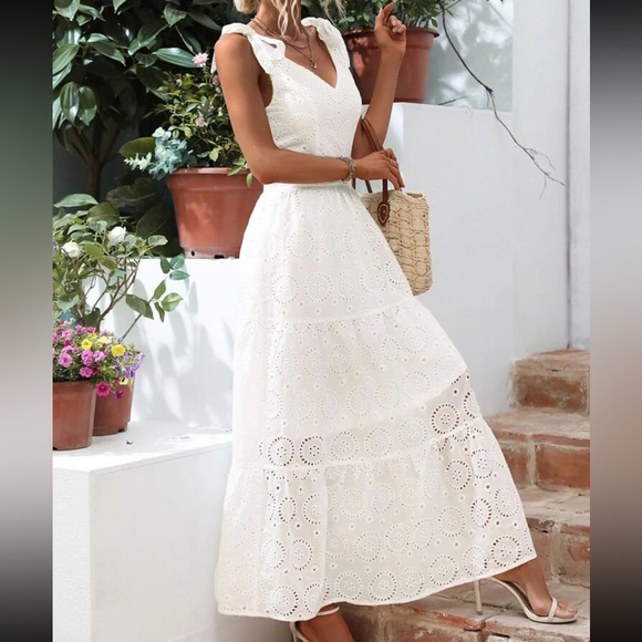 Boho White Sheer Lace Eyelet Embroidered Tie Shoulder Cut Out Back Maxi Dress - Picture 4 of 6